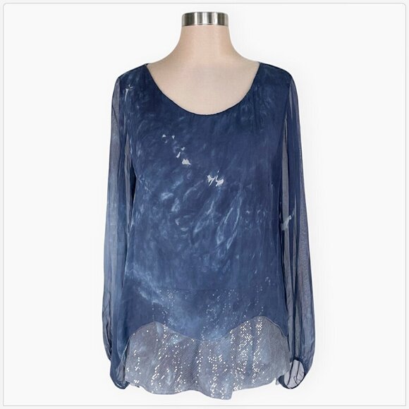 H Trend Italy Blue Gray Tie Dye Silk Sequin Layered Flowy Feminine Top Blouse M - Picture 1 of 5